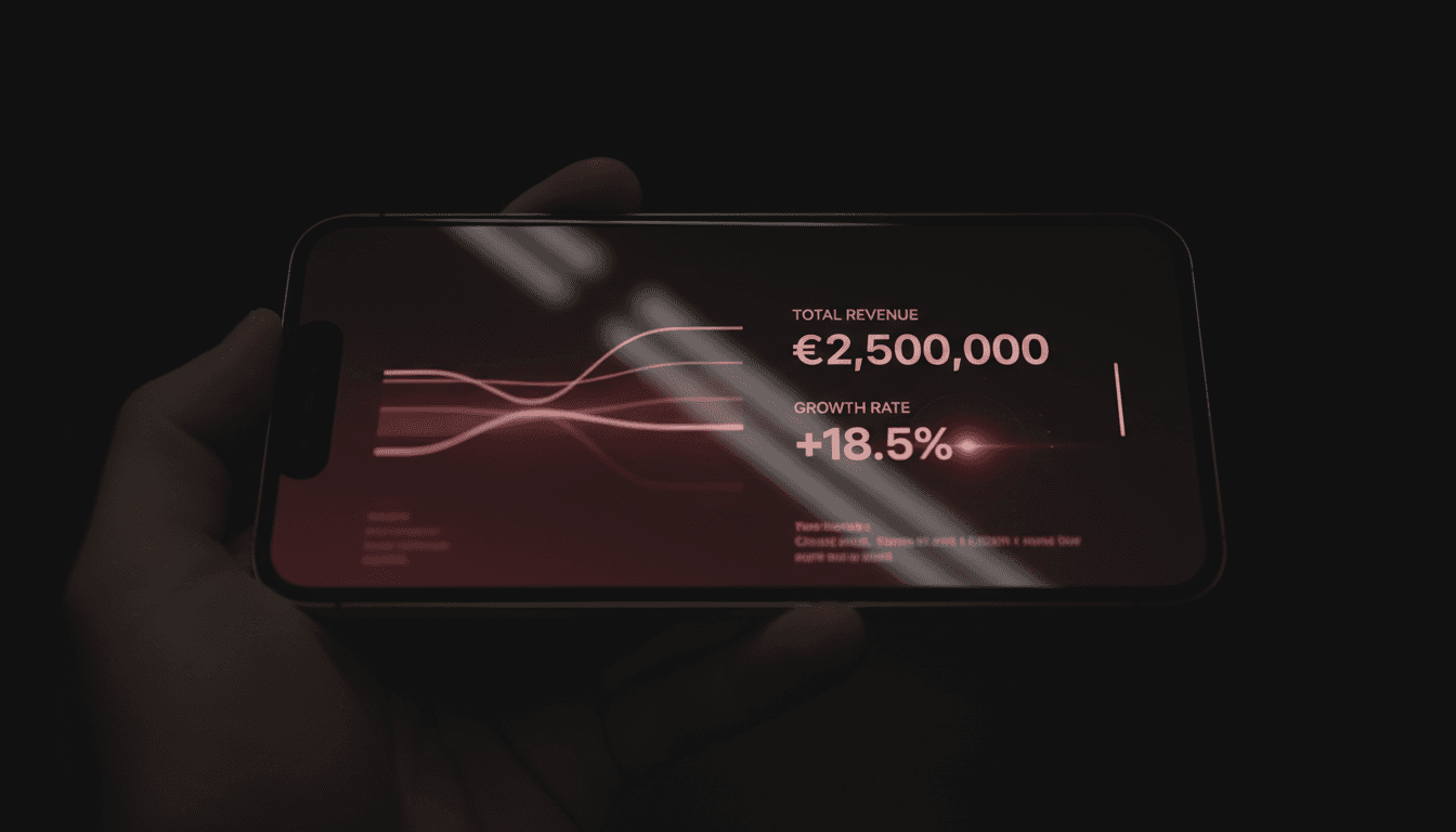 Close-up of a smartphone screen showing a dark, real-time earnings dashboard interface with glowing data lines.